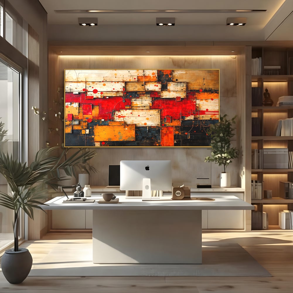 Tablou canvas cu tablou canvas abstract geometric rosu, in rama de aluminiu auriu, pe perete intr-un birou